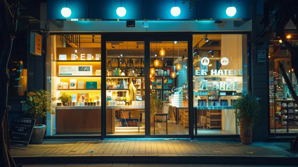 a vibrant and inviting storefront is showcased, adorned with clear signage, bustling activity, and an illuminated window displaying enticing products, symbolizing the optimization and visibility of a google business profile in a lively local setting.