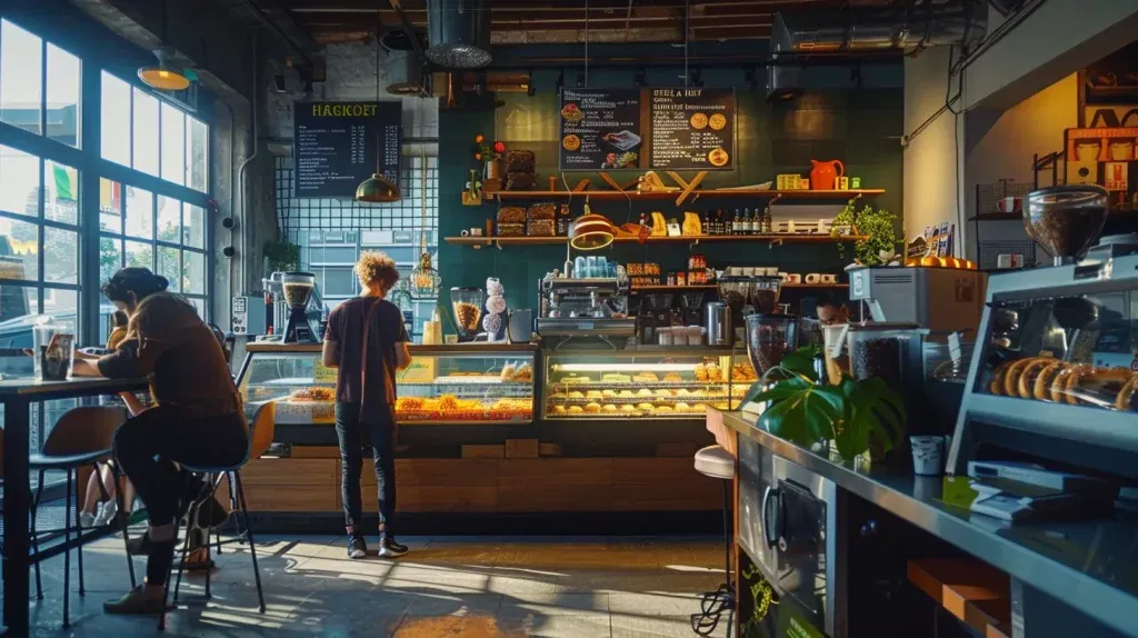 a vibrant urban street scene showcases a bustling café with an eye-catching google business profile display, emphasizing the importance of digital visibility and local engagement in attracting customers.