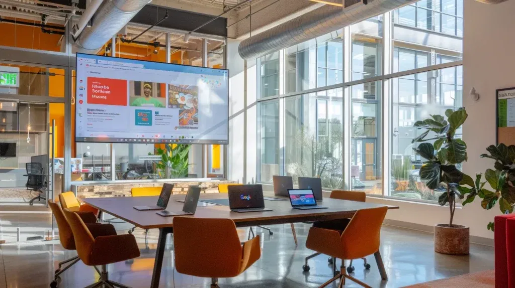 a vibrant, modern workspace features a large screen displaying a google business profile, showcasing colorful promotional posts and engaging q&a interactions, illuminated by warm, natural light.