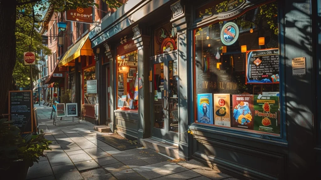 a vibrant street scene showcasing a local business with an eye-catching window display, featuring dynamic promotional posters and colorful event banners, illuminated by warm afternoon sunlight to attract passersby.