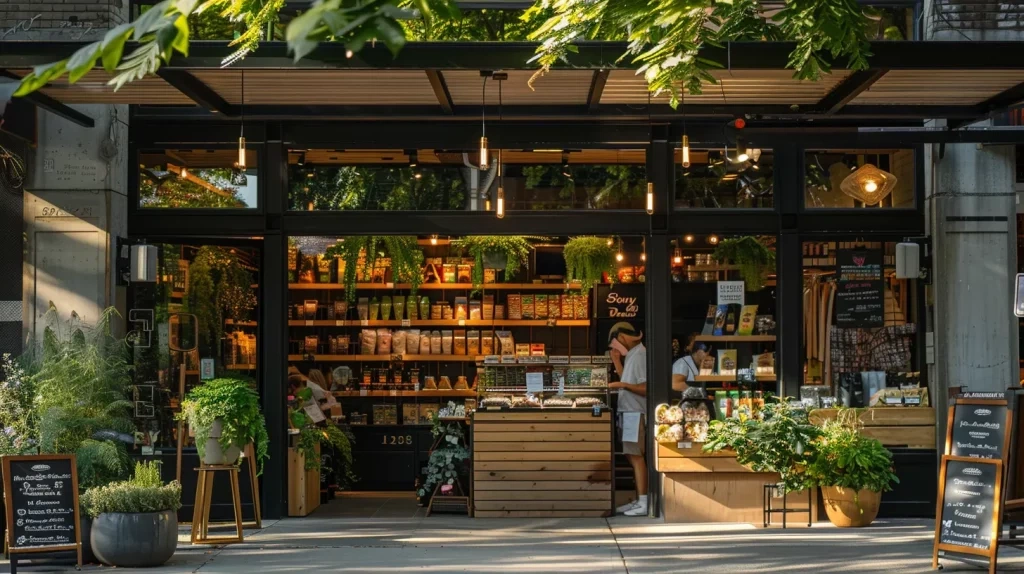 a vibrant, well-lit exterior shot of a bustling storefront, showcasing inviting signage and lush greenery that captures the essence of a thriving business, enticing potential customers to explore further.