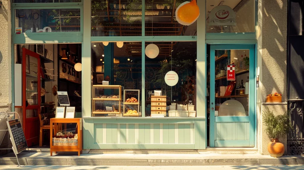 a vibrant storefront adorned with eye-catching visuals and a well-crafted business description prominently displayed, set against a sunny backdrop that highlights the inviting atmosphere and attracts local customers.