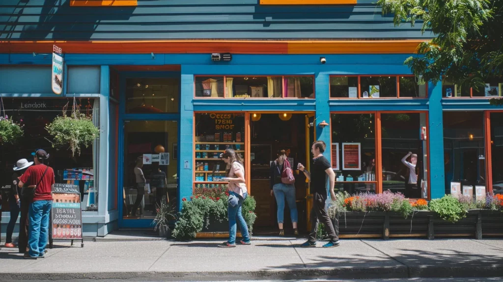 a vibrant local business storefront adorned with brightly colored signage, surrounded by customers engaging enthusiastically, capturing the essence of positive community feedback and strong customer reviews.